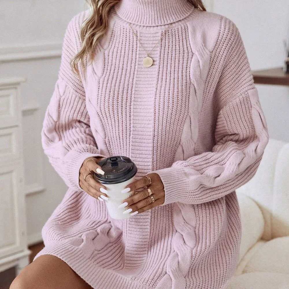 Baby Pink Casual Womens Turtleneck Cable Knit Drop Shoulder Sweater Dress - Picture 1 of 5